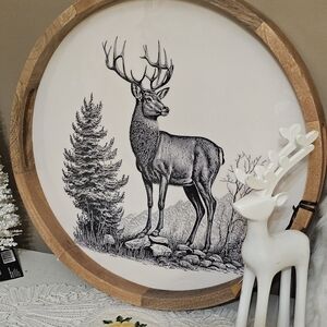 Rustic Deer Serving Tray with Wooden Frame Winter Holiday